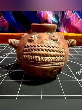 Mexican Folk Art Pottery Handcrafted Pre-Colombian Clay Head Jar Vessel Vase
